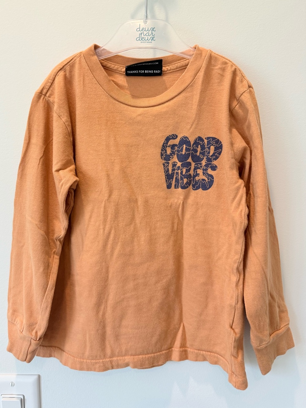 Tiny Whales Kids Long Sleeve Tee - Peach "Good Vibes" size 3.